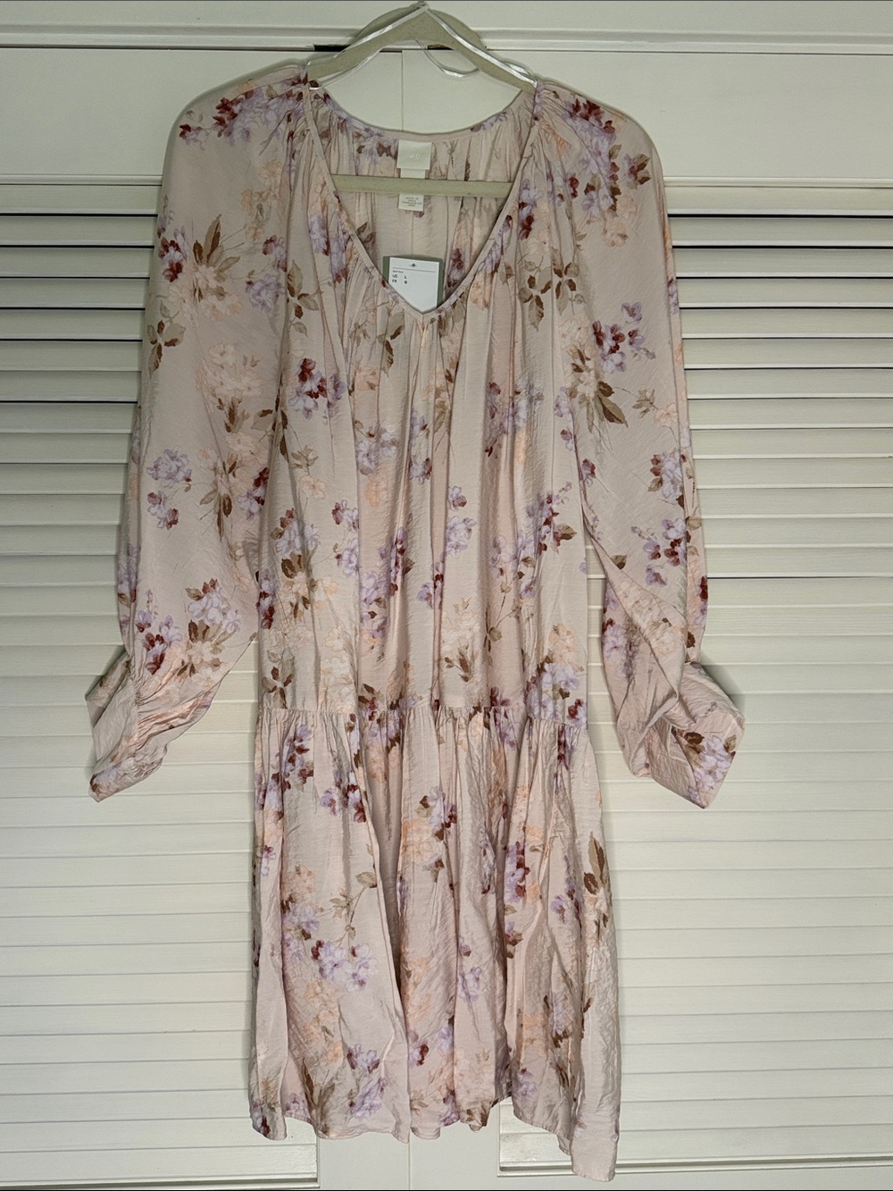 NWT H&M Light Pink Floral Long-Sleeve Drop Waist Dress - Size L